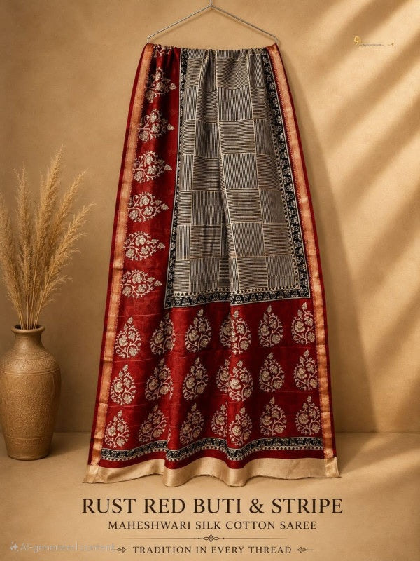 RUST RED BUTI & STRIPE MAHESHWARI SILK COTTON SAREE