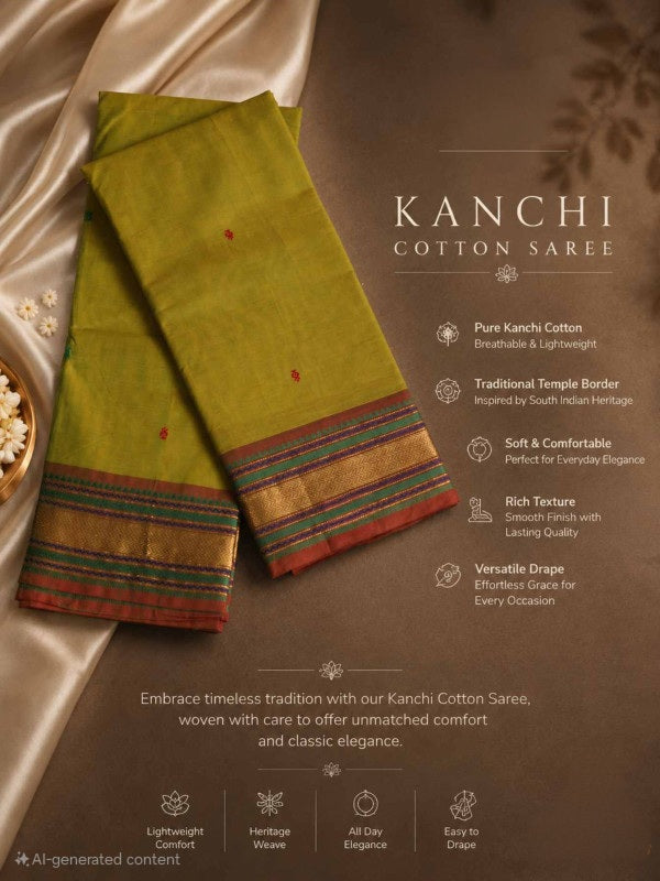 PREMIUM KANCHI COTTON SAREE - OLIVE GREEN
