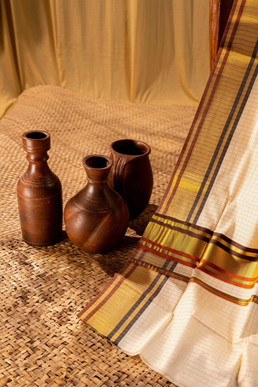 SMALL ARANI CHECKS COTTON KASAVU SAREE WITH TWO COLOR KARA - MAROON AND DARK BROWN