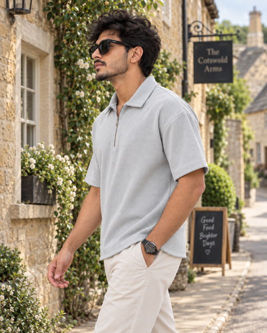 Textured Quarter-Zip Polo T-Shirt – Light Grey
