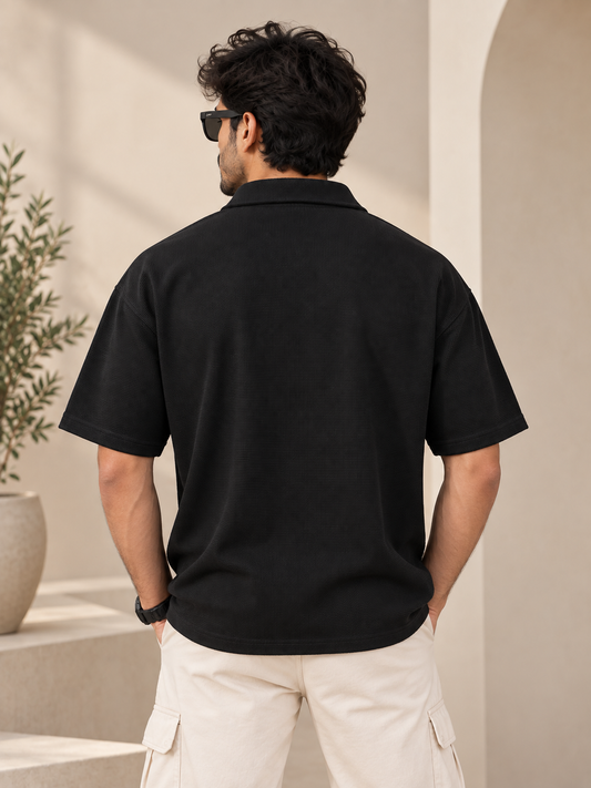 Textured Quarter-Zip Polo T-Shirt - Black