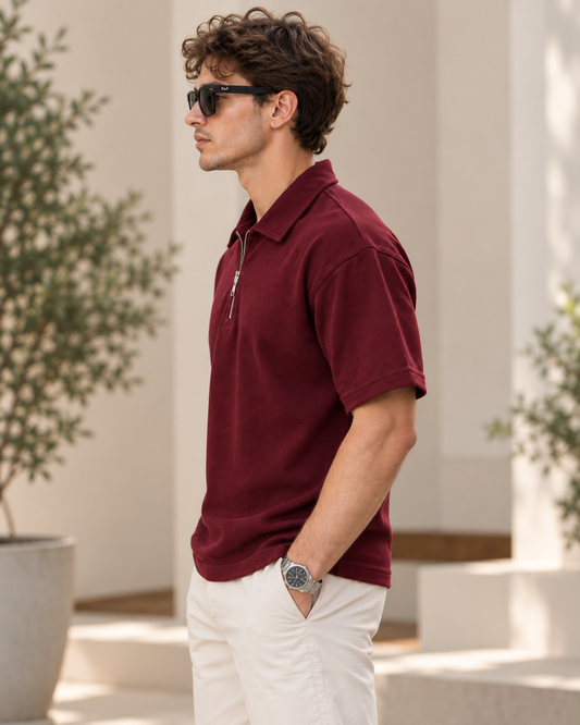 Textured Quarter-Zip Polo T-Shirt – Burgundy