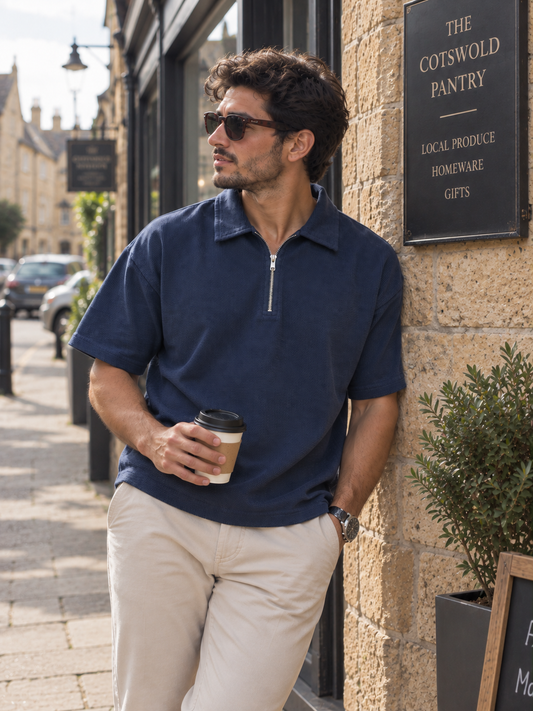 Textured Quarter-Zip Polo T-Shirt – Navy