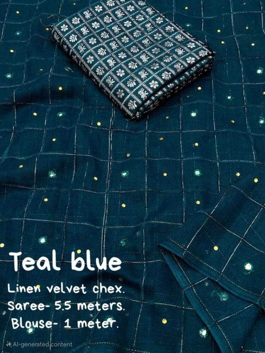 SOFT LINEN SAREE WITH WEAVING CHEX OF VELVET THREAD - TEAL BLUE