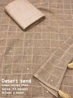 SOFT LINEN SAREE WITH WEAVING CHEX OF VELVET THREAD - SAND BEIGE