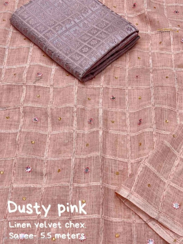 SOFT LINEN SAREE WITH WEAVING CHEX OF VELVET THREAD - DUSTY PINK