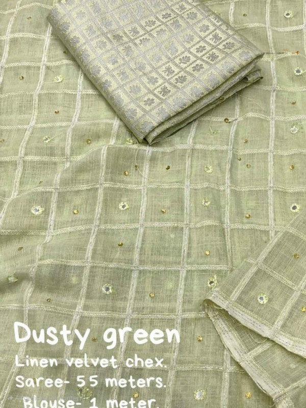 SOFT LINEN SAREE WITH WEAVING CHEX OF VELVET THREAD - DUSTY GREEN