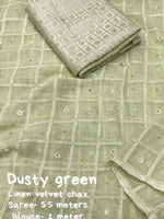 SOFT LINEN SAREE WITH WEAVING CHEX OF VELVET THREAD - DUSTY GREEN