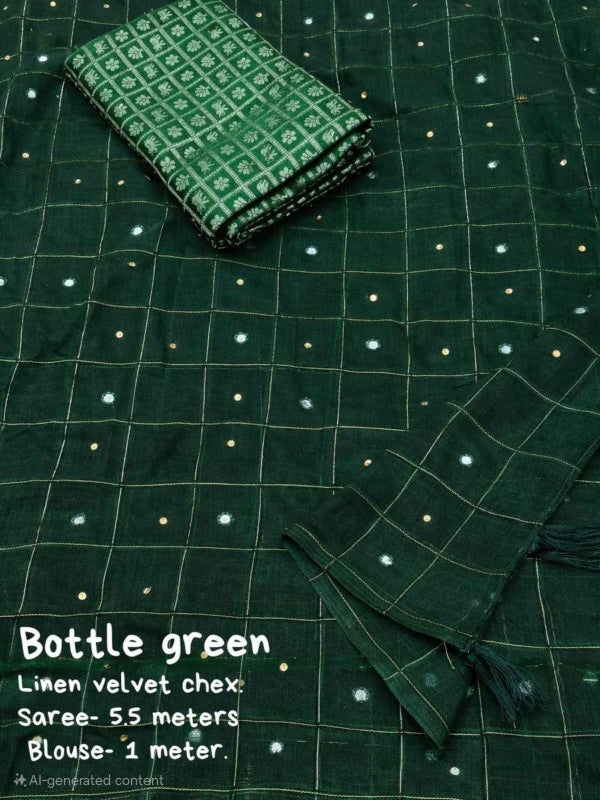 SOFT LINEN SAREE WITH WEAVING CHEX OF VELVET THREAD - BOTTLE GREEN