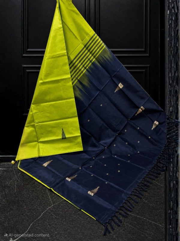 VEGAN SILK SAREE - PARROT GREEN WITH NAVY BLUE