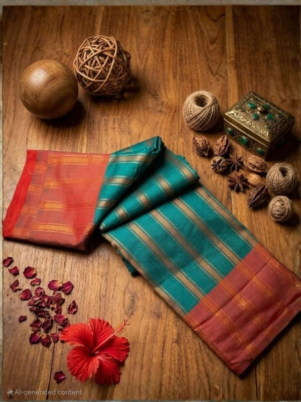 SEMI SILK SAREE - TEAL GREEN WITH RUST ORANGE