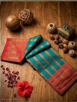 SEMI SILK SAREE - TEAL GREEN WITH RUST ORANGE