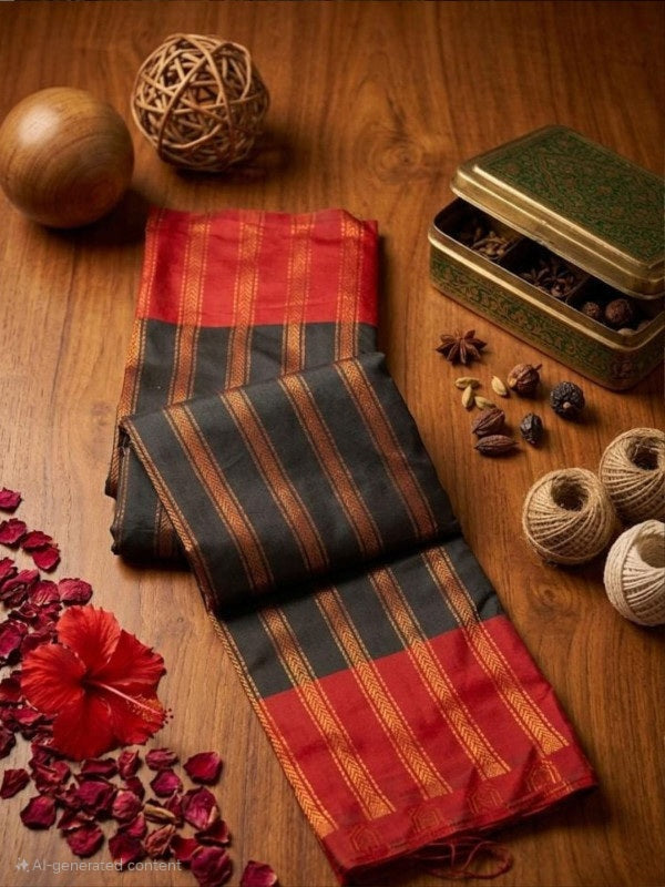 SEMI SILK SAREE - BLACK BODY WITH DEEP RED