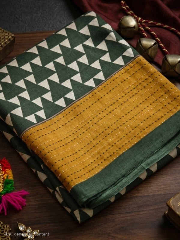 FANCY COTTON SAREE WORK WITH KANTHA WORK - GREEN