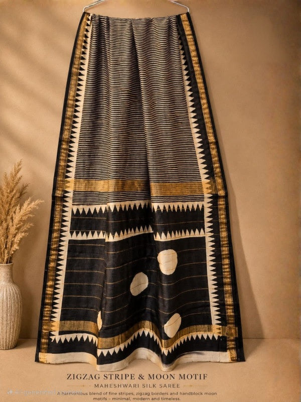 RUST RED BUTI & STRIPE MAHESHWARI SILK COTTON SAREE BLACK