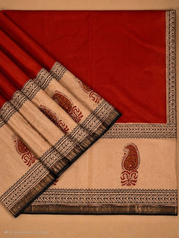 PUTAAI PURE MAHESHWARI SILK COTTON SAREE HANDBLOCK PRINTED - RED & CREAM
