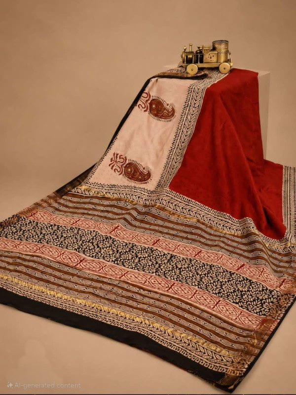 PUTAAI PURE MAHESHWARI SILK COTTON SAREE HANDBLOCK PRINTED - RED & CREAM