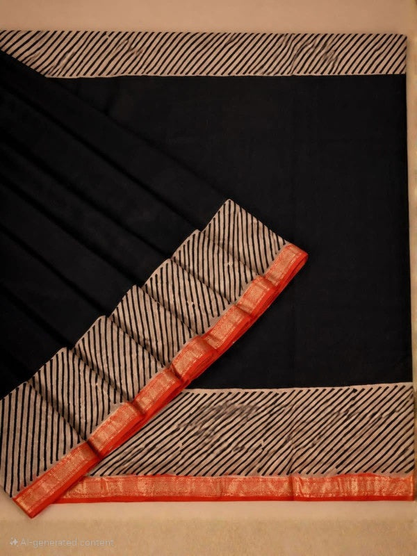 PUTAAI PURE MAHESHWARI SILK COTTON SAREE HANDBLOCK PRINTED - RED & BLACK