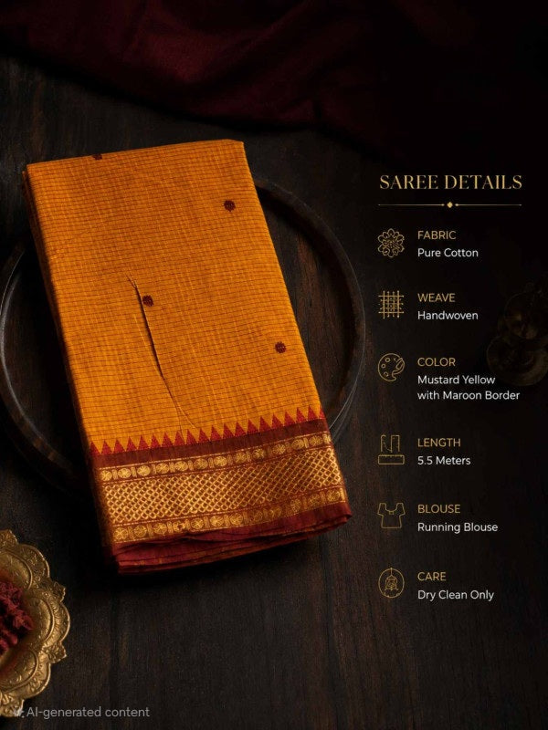 PREMIUM KANCHI COTTON SAREE - DEEP MUSTARD YELLOW
