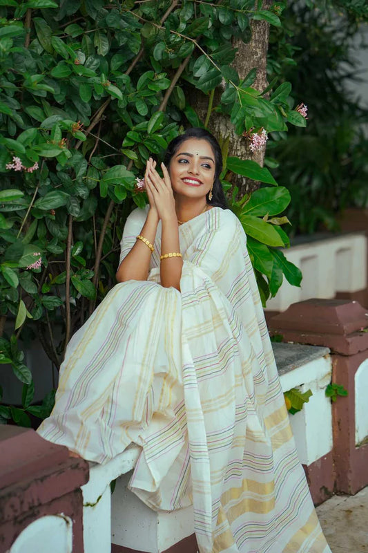 Kerala Handloom Saree With Multi Colour Stripes & 2" Border