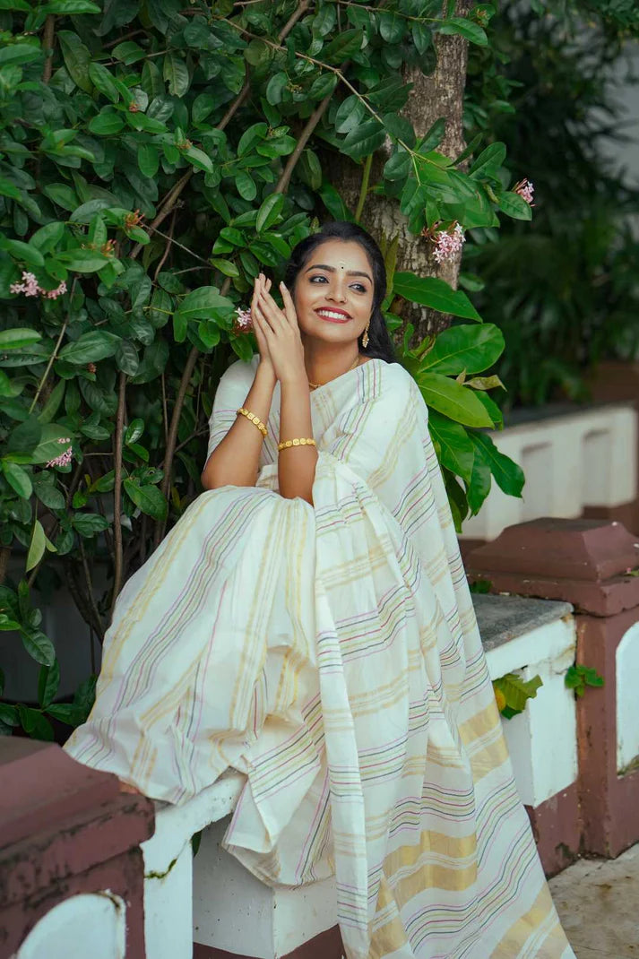 Kerala Handloom Saree With Multi Colour Stripes & 2" Border