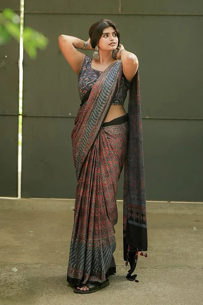 Ajrakh Hand Block Print Saree
