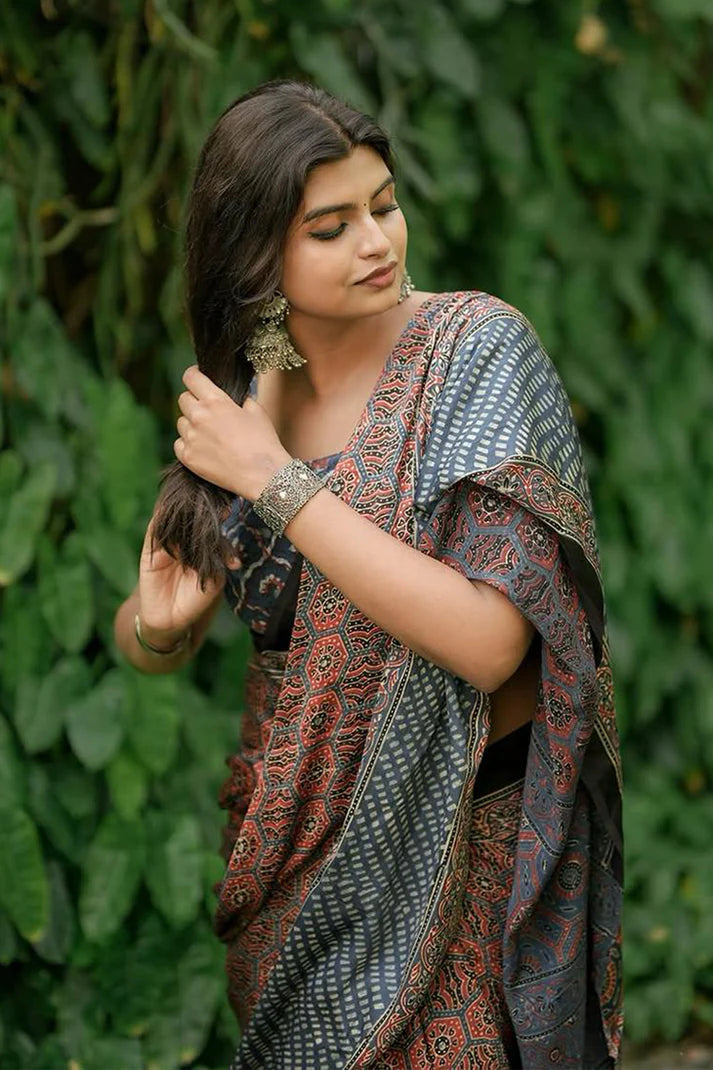 Ajrakh Hand Block Print Saree