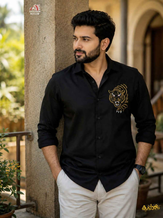 BLACK TIGER BEADED FESTIVE LUXURY SHIRT