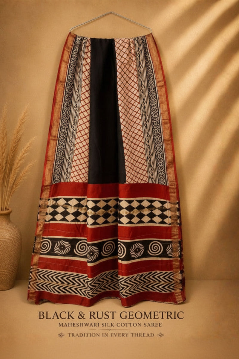 BLACK & RUST GEOMETRIC MAHESHWARI SILK COTTON SAREE