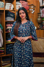 Blue Aline Dress with Green Lotus Print