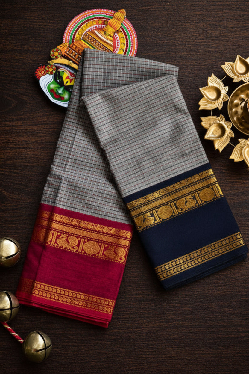 GANGA JAMUNA BORDER KANCHI COTTON SAREE - GREY WITH RED AND NAVY BLUE
