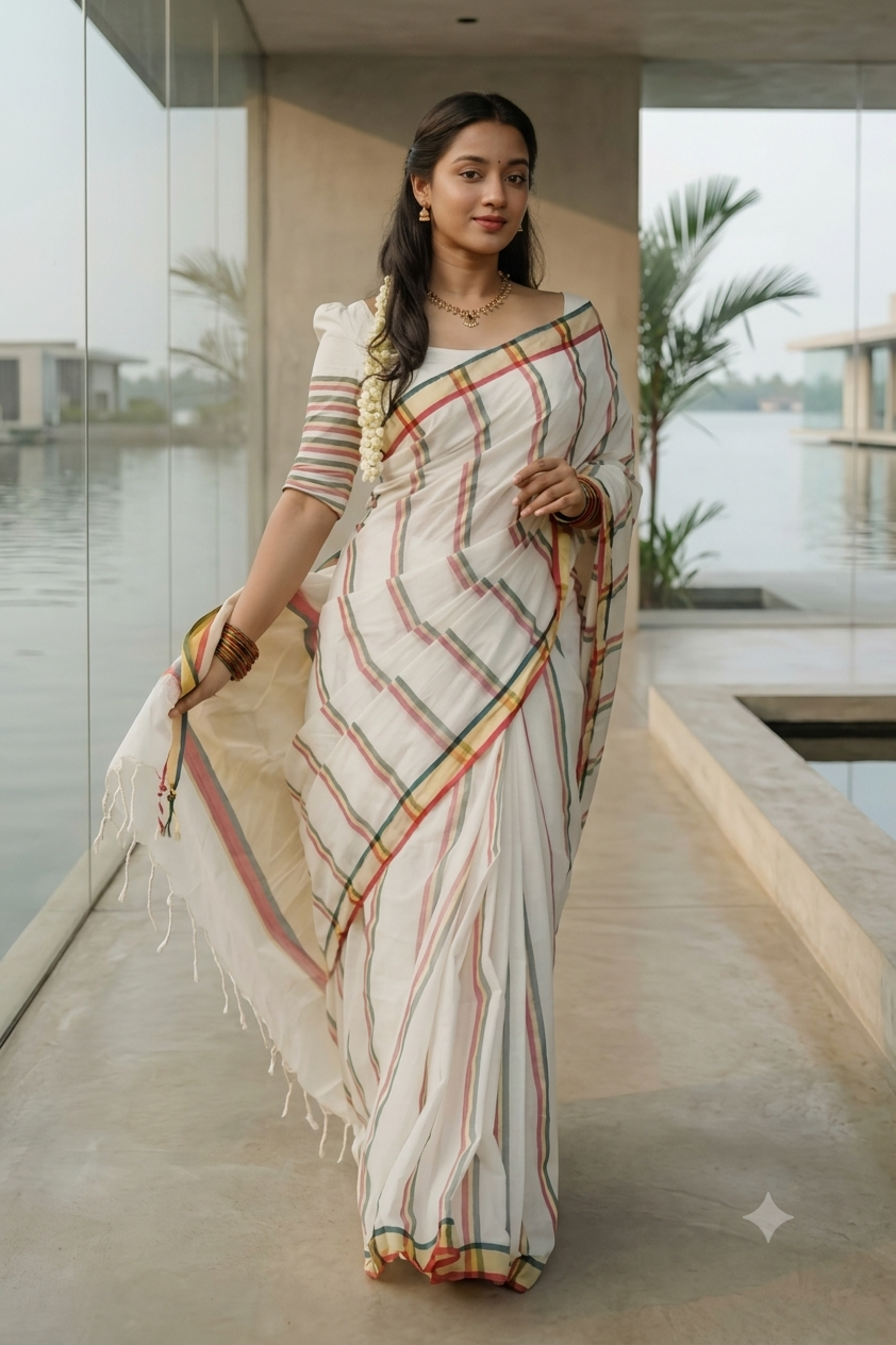 Red & Green Stripe Kerala Handloom Saree