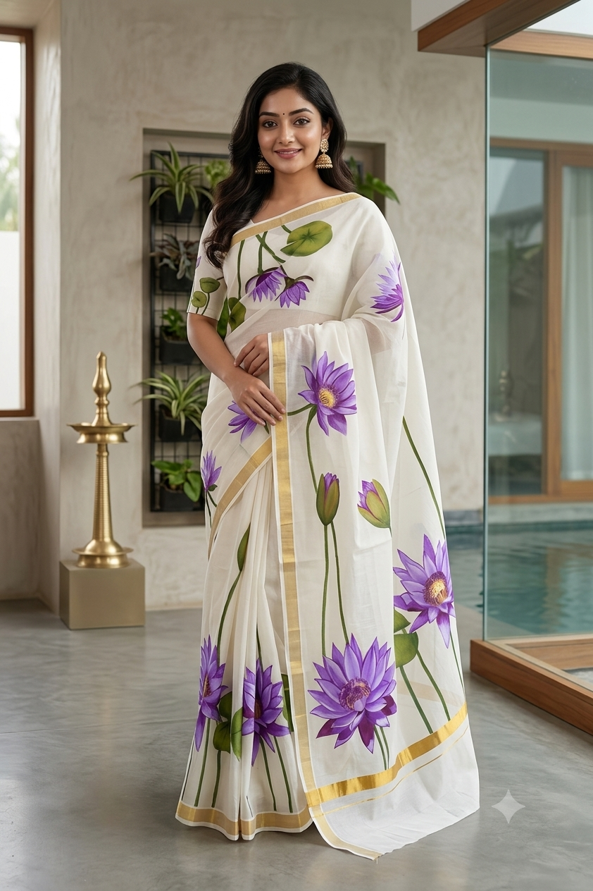 Kerala Saree with Golden Border & Hand painted Blue Water Lily