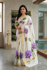 Kerala Saree with Golden Border & Hand painted Blue Water Lily