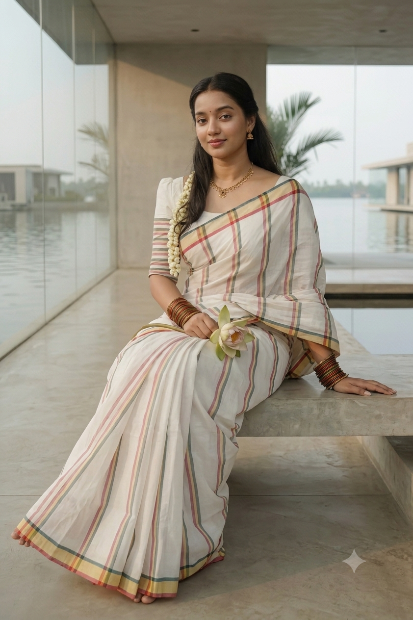 Red & Green Stripe Kerala Handloom Saree