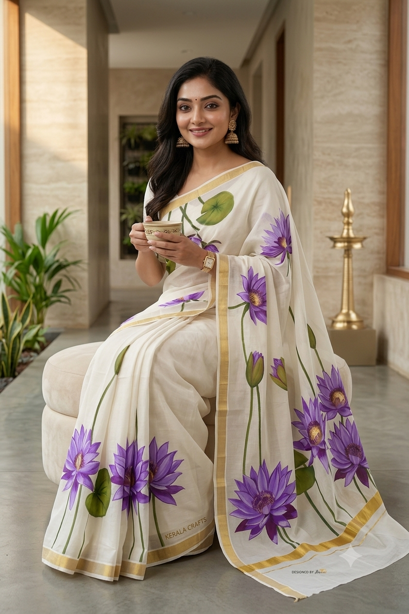 Kerala Saree with Golden Border & Hand painted Blue Water Lily