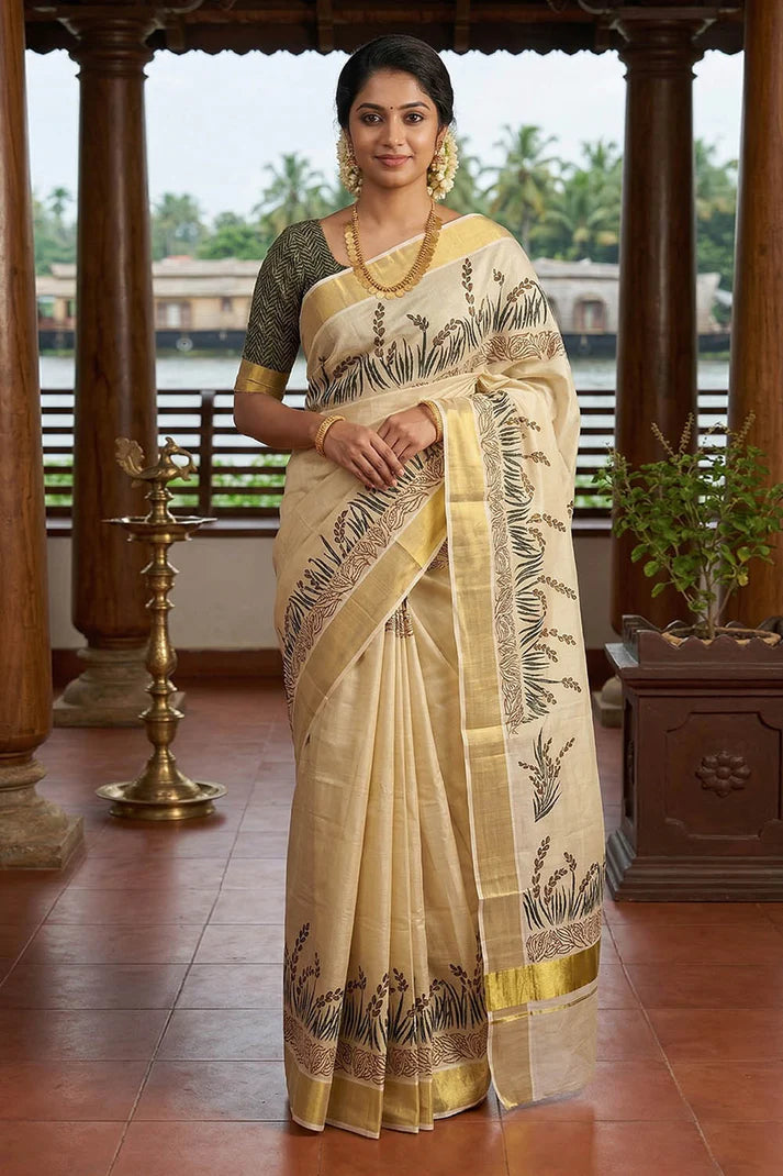 Golden Tissue Handblock Print Saree