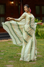 Kerala Handloom Saree Multiple Sage Green & Golden Stripe