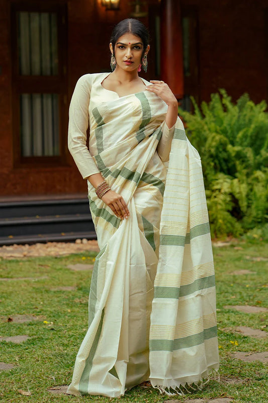 Kerala Handloom Saree Multiple Sage Green & Golden Stripe