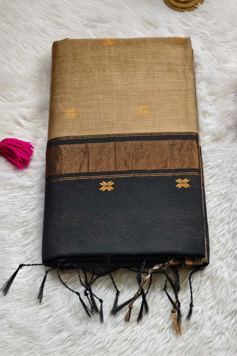 MAHESHWARI SILK COTTON SAREE - GREY BODY BLACK PALLU