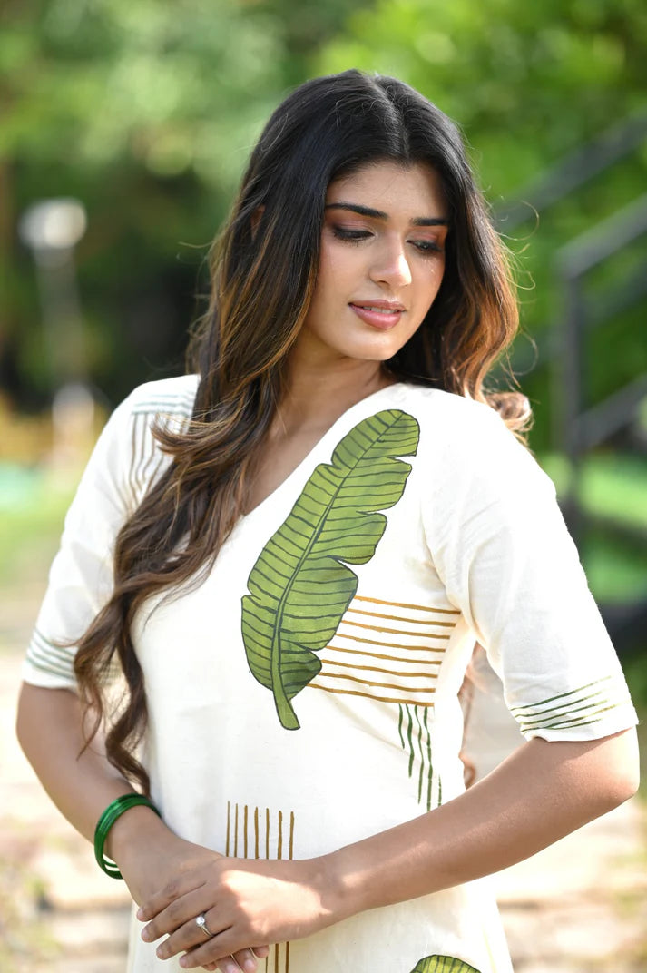 Offwhite Aline Kurti with Banana leaf Block Print