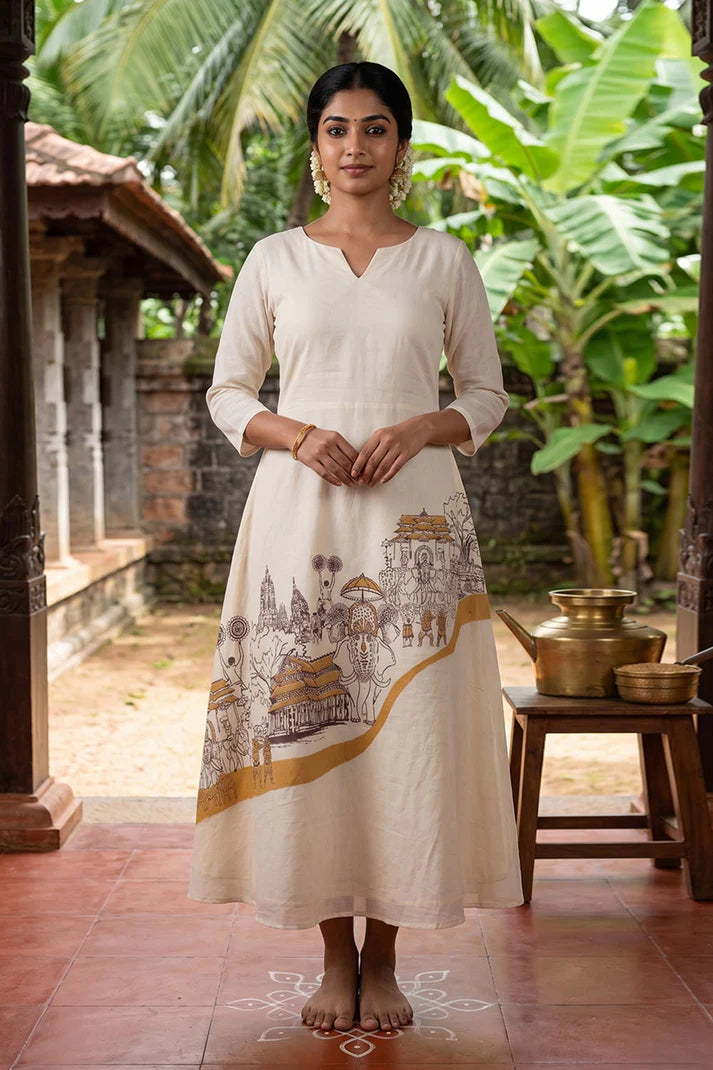 Offwhite Aline Kurti with Thrissur Pooram Print