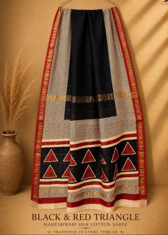 PUTAAI PURE MAHESHWARI SILK COTTON SAREE HANDBLOCK PRINTED - RED & BLACK