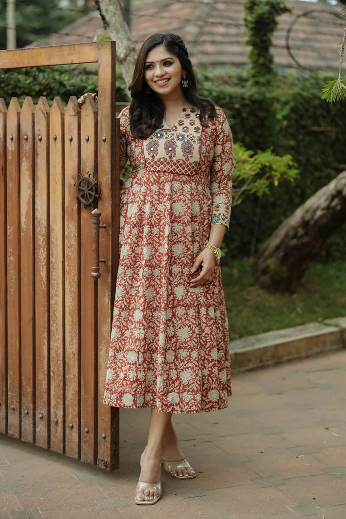 Red Kalamkari Anarkali Beige Patch Yoke Neck & Sleeve