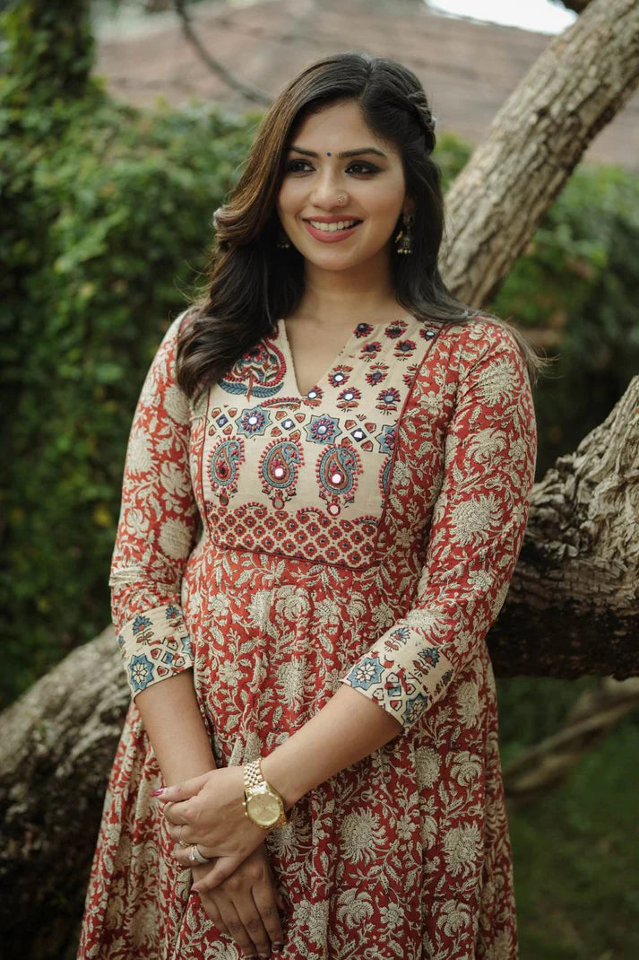 Red Kalamkari Anarkali Beige Patch Yoke Neck & Sleeve