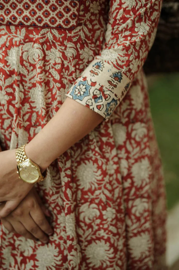 Red Kalamkari Anarkali Beige Patch Yoke Neck & Sleeve
