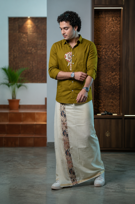 Elephant Embroidery Half Patch Shirt Olive green - Double Golden kasavu Dhotie Combo
