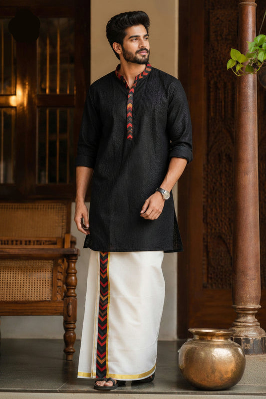 Black Premium Designer Kurta + Golden Kasavu Double Cotton Dhoti