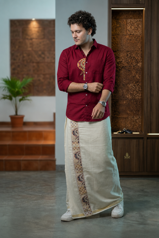 Elephant Embroidery Half Patch Shirt Red - Double Golden kasavu Dhotie Combo