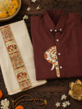 Elephant Embroidery Half Patch Shirt MAROON - Double Golden kasavu dothi combo
